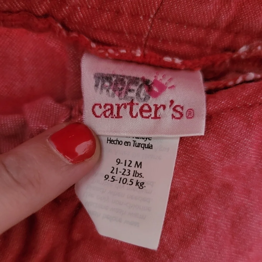 Carter's Vintage Faded Red Denim Overalls Baby Girl 9-12 Months Floral Embroider